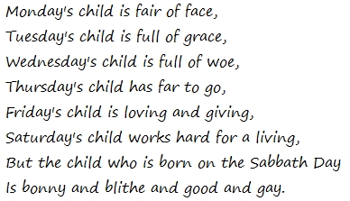 Day of the Week Rhyme for a child born on a particular weekday